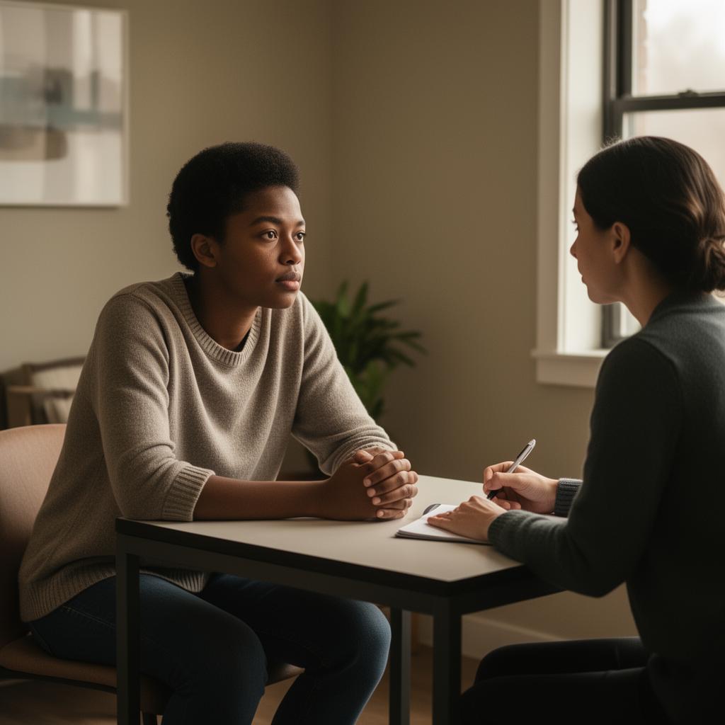 A student gathering courage to share a concern with a trained counselor in a quiet, safe space